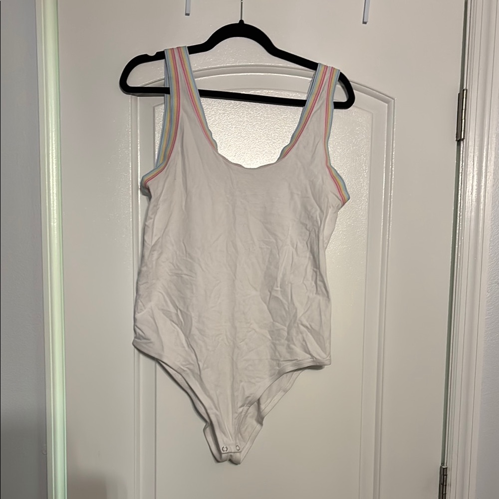 Torrid White Bodysuit with Rainbow Trim